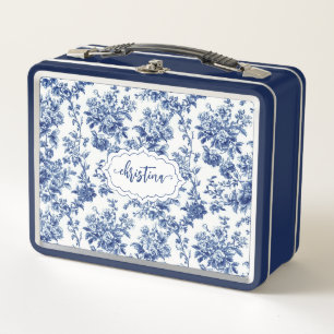 Lunch Box Monogramme Toile de Jouy Fleurie Bleu Nuit Personn