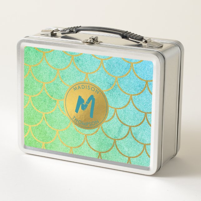 Lunch Box Monogramme Turquoise Motif de Parties scintillant  (Devant)