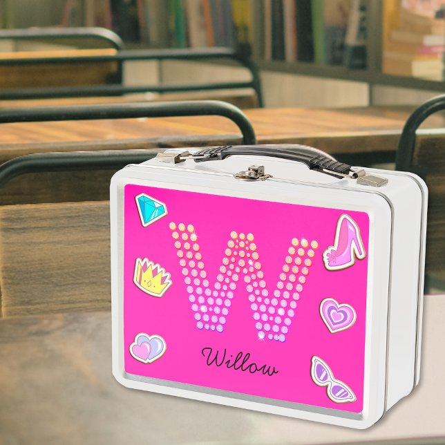 Lunch Box Monogramme W Lettre Rose Chaud Fille Retour À l'Éc (Front)