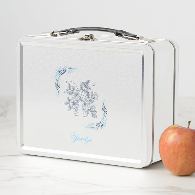 Lunch Box Monogramme "Y" Bleu Calme Floral Initial (En situation)