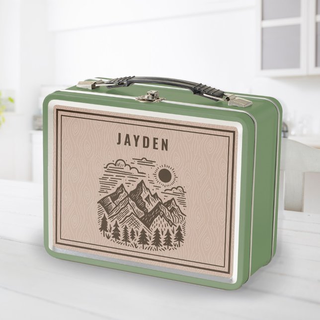 Lunch Box Montagne Rétro Personnalisé  (Retro Mountains Custom Metal Lunch Box (shown in green) other color available)