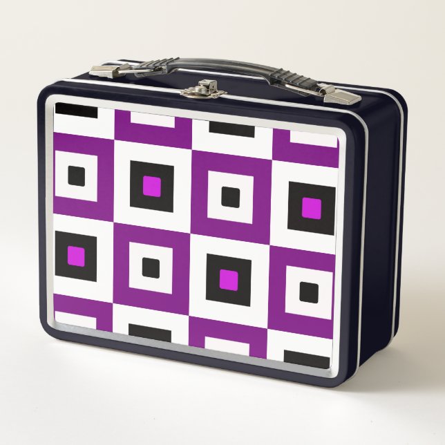 Lunch Box Motif à carrés à damier violet noir et blanc (Devant)