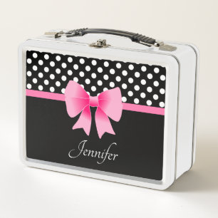 Lunch Box Motif à pois noir et blanc Nœud rose Nom