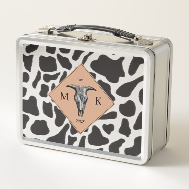 Lunch Box Motif animal noir et blanc Vache tache Monogramme (Devant)
