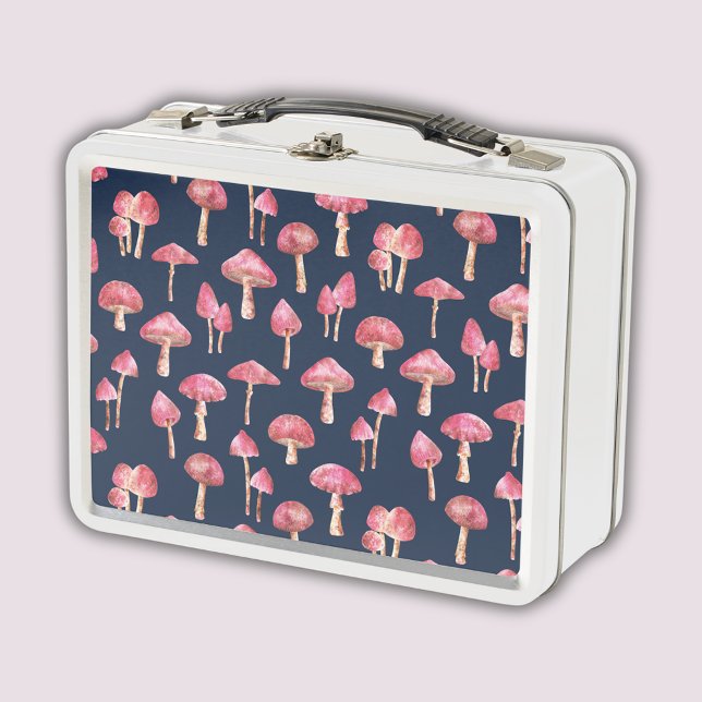 Lunch Box Motif d'aquarelle de champignon (Pink mushroom fairy core woodland pattern metal lunchbox with navy blue background)