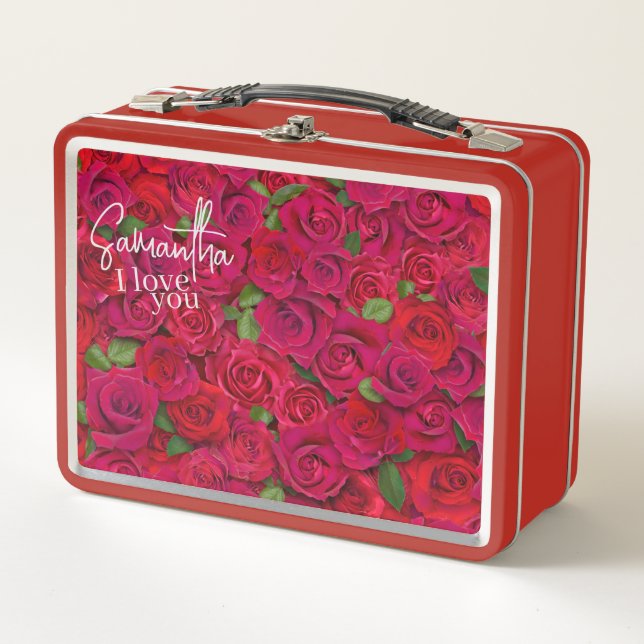 Lunch Box Motif de rose rouge profond Je t'aime avec nom per (Devant)