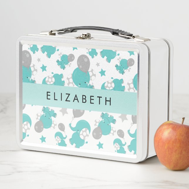Lunch Box Motif Des Eléphants Bleus, Étoiles, Votre Nom (En situation)