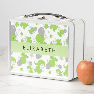 Lunch Box Motif Des Eléphants Verts, Étoiles, Votre Nom