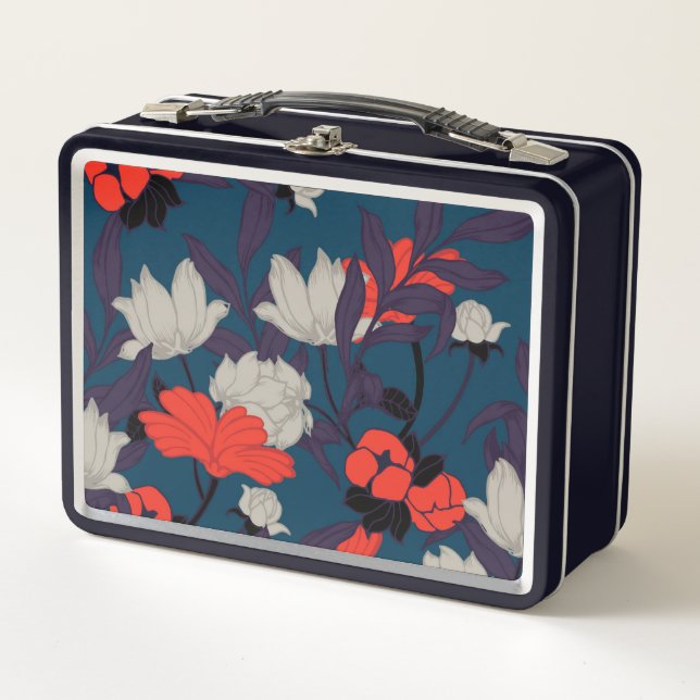 Lunch Box Motif floral bleu et rouge élégant (Devant)