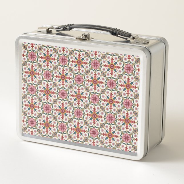 Lunch Box Motif floral boho en rouge, rose et sarcelle (Devant)