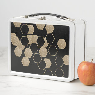 Lunch Box motif hexagone élégant géométrique noir et or