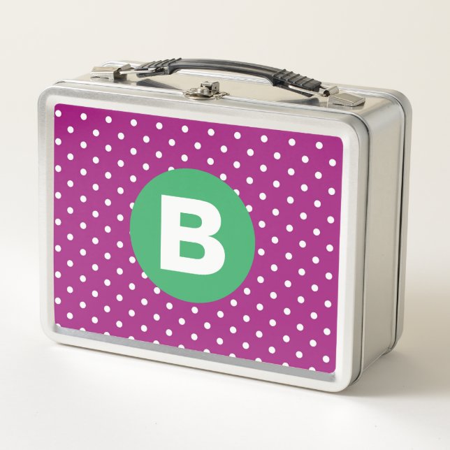 Lunch Box Motif pois violet Monogramme vert (Devant)