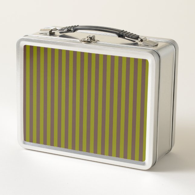 Lunch Box Motif rayé en chocolat brun et vert olive (Devant)