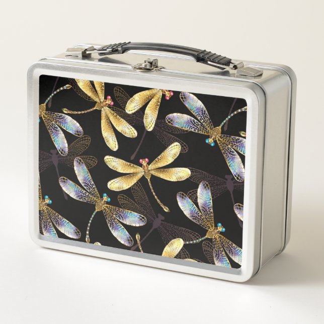 Lunch Box Motif sans couture avec libellules d'or (Devant)