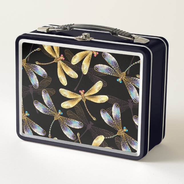 Lunch Box Motif sans couture avec libellules d'or (Devant)