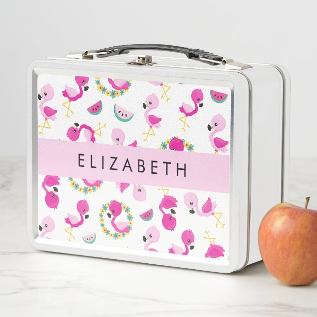 Lunch Box Motif tropical, Flamants roses, Fleurs, Votre Nom (En situation)