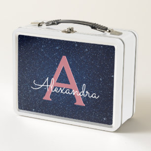Lunch Box Navy Blue & Rose Gold Sparkle Glitter Monogram