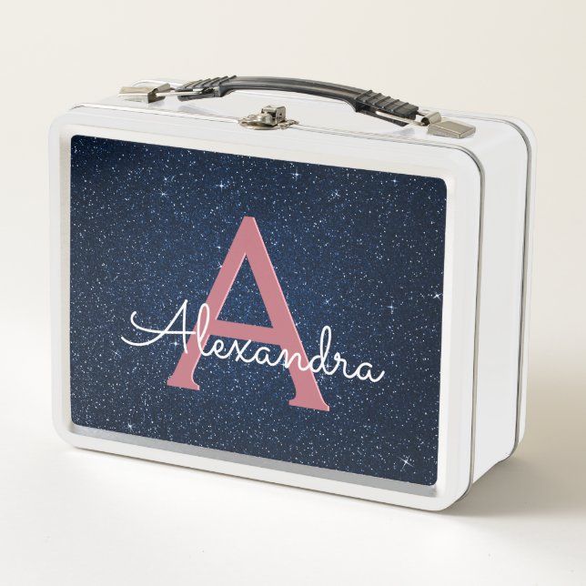 Lunch Box Navy Blue & Rose Gold Sparkle Glitter Monogram (Devant)