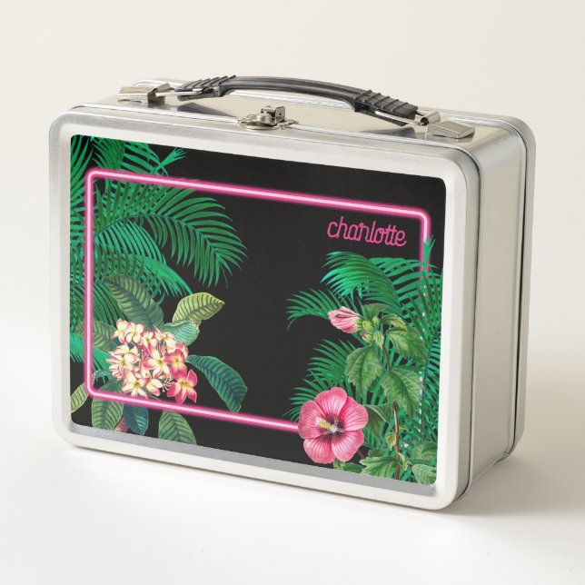 Lunch Box Neon Pink Tropical Botanical Monogram (Devant)