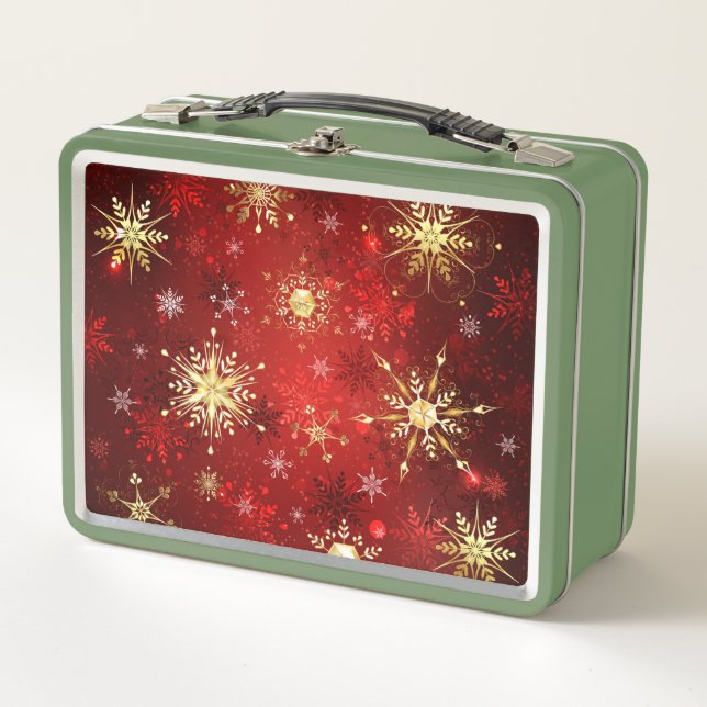 Lunch Box Noël Golden Snowflakes sur Arrière - plan rouge (Devant)