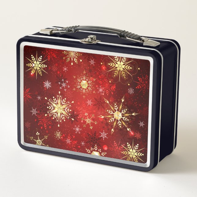 Lunch Box Noël Golden Snowflakes sur Arrière - plan rouge (Devant)