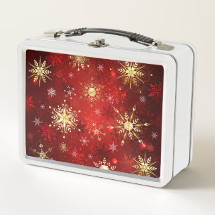 Lunch Box Noël Golden Snowflakes sur Arrière - plan rouge