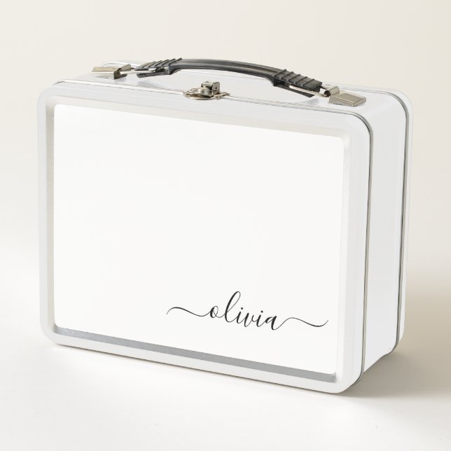 Lunch Box Noir Blanc moderne Script Girl Monogramme Nom (Devant)