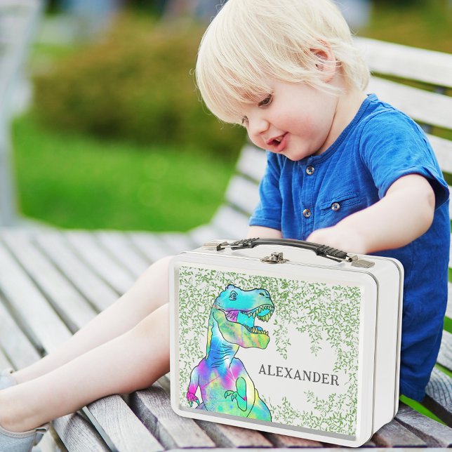 Lunch Box Nom des enfants dinosaures T-Rex (Dinosaur custom name lunchbox with colorful T-Rex and Jurassic jungle foliage)