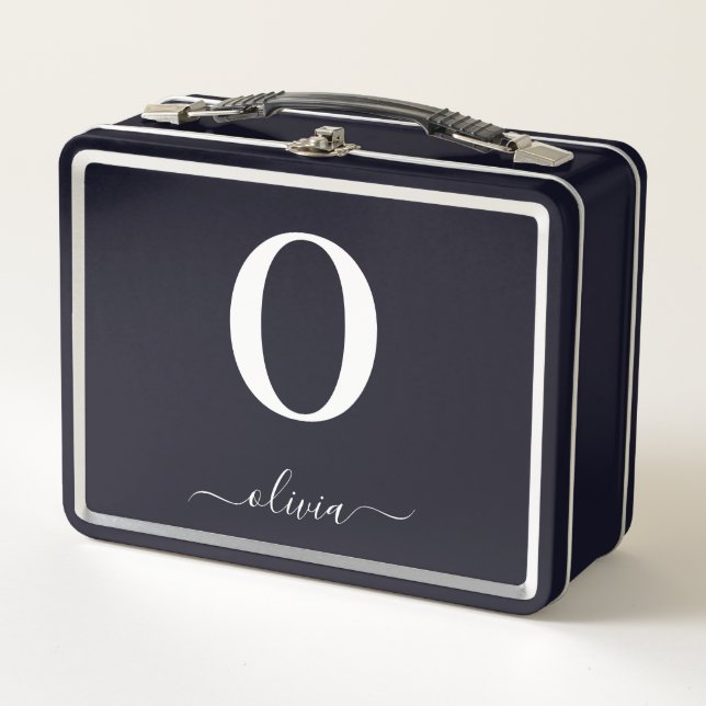 Lunch Box Nom en écriture Monogramme Personnalisé Noir et Bl (Devant)
