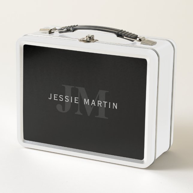 Lunch Box Nom et monogramme modernes | Gris et noir (Devant)