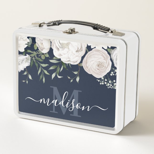Lunch Box Nom floral bleu marine Monogramme (Devant)