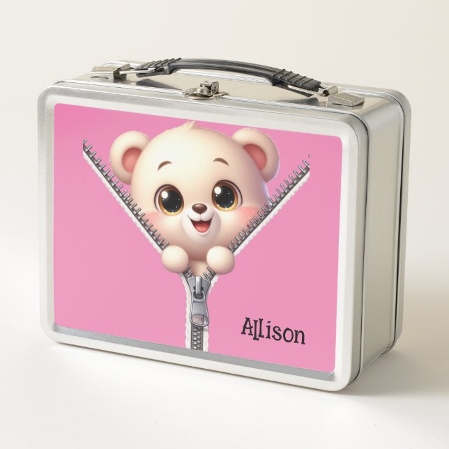 Lunch Box Nom personnalisable de l'ours rose mou (Devant)