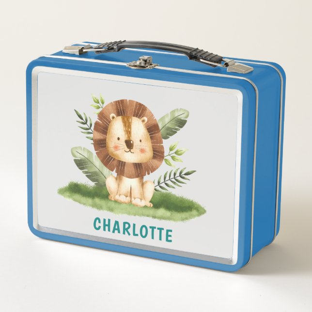Lunch Box Nom personnalisé Cute Animaux Lion Enfants (Devant)