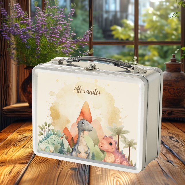 Lunch Box Nom personnalisé Cute Watercolor Dinosaur (Créateur téléchargé)