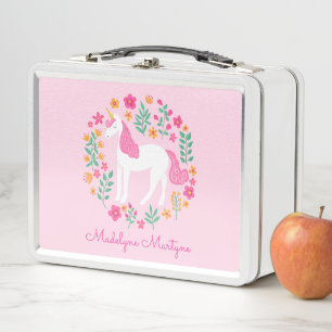 Lunch Box Nom personnalisé Fleurs Unicorne Rose Cute
