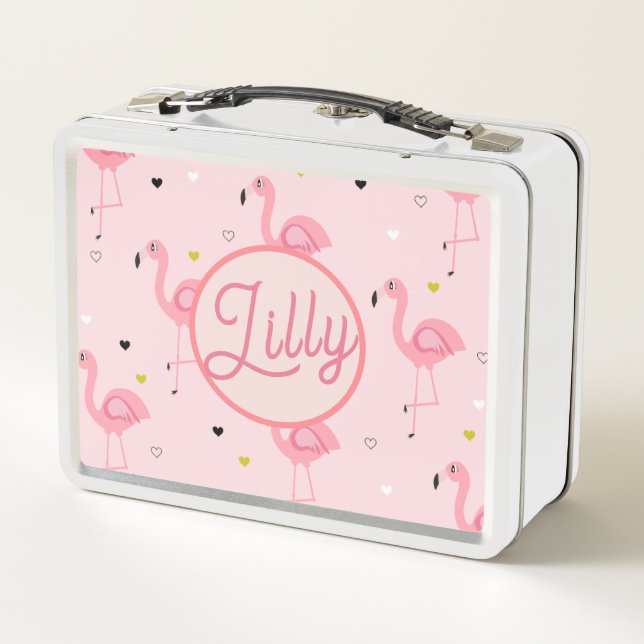 Lunch Box Nom Personnalisé Moderne Flamant rose Et Fleurs Ro (Dos)