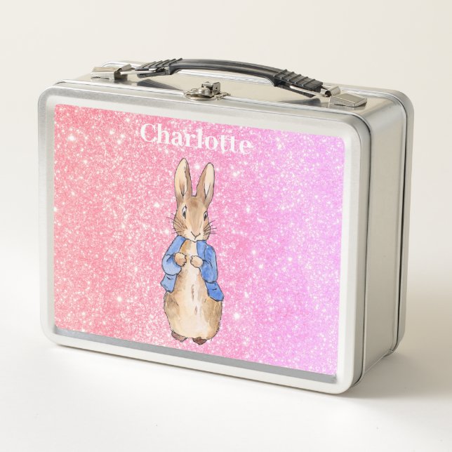 Lunch Box Nom personnalisé Pierre le lapin girly rose glam (Devant)