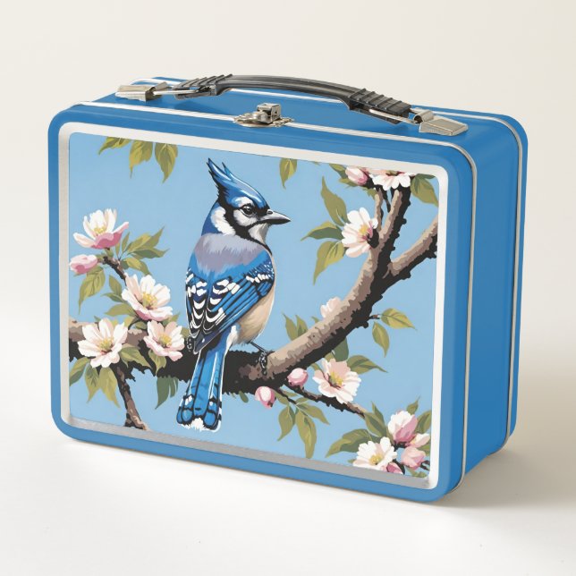 Lunch Box Oiseau Jay Bleu Sur Branche Fleur De Cerisier Rose (Devant)