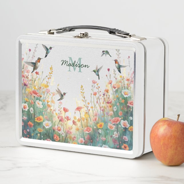 Lunch Box Oiseaux aquarelle de printemps Monogramme floral F (En situation)