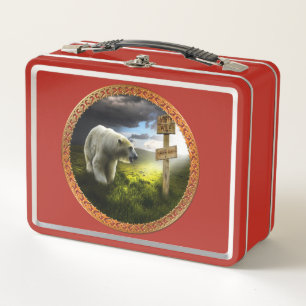 Lunch Box ours polaire regardant le panneau en bois du pôle 