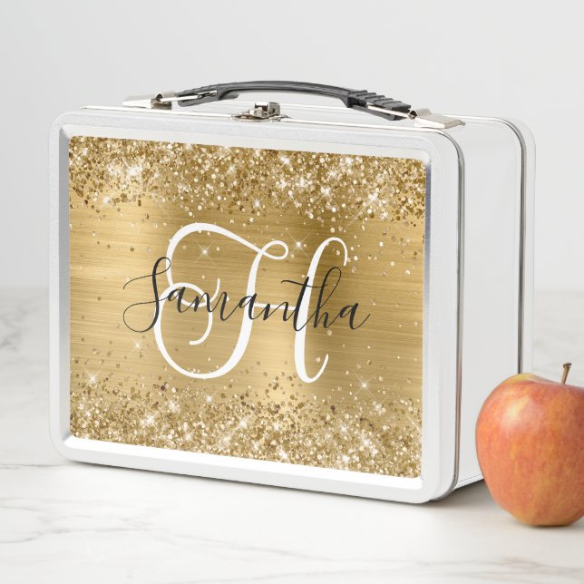 Lunch Box Pailleté Or Feuille Noir et Blanc Monogramme (En situation)