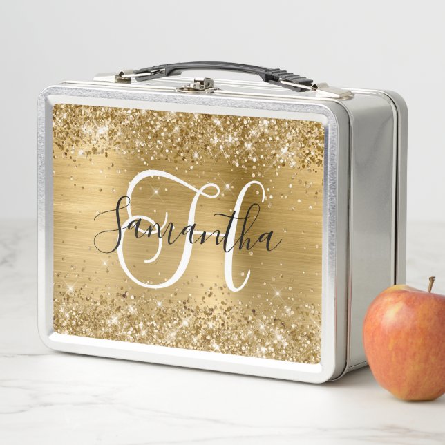 Lunch Box Pailleté Or Feuille Noir et Blanc Monogramme (En situation)