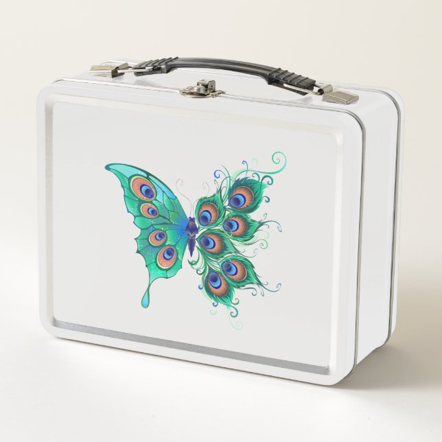 Lunch Box Papillon aux plumes de paon vert (Devant)