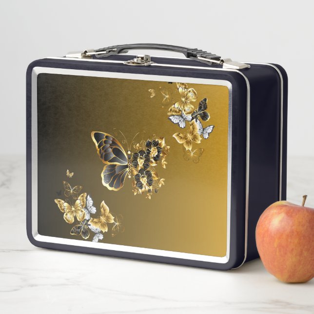 Lunch Box Papillon doré radieux – Art botanique accentué (En situation)