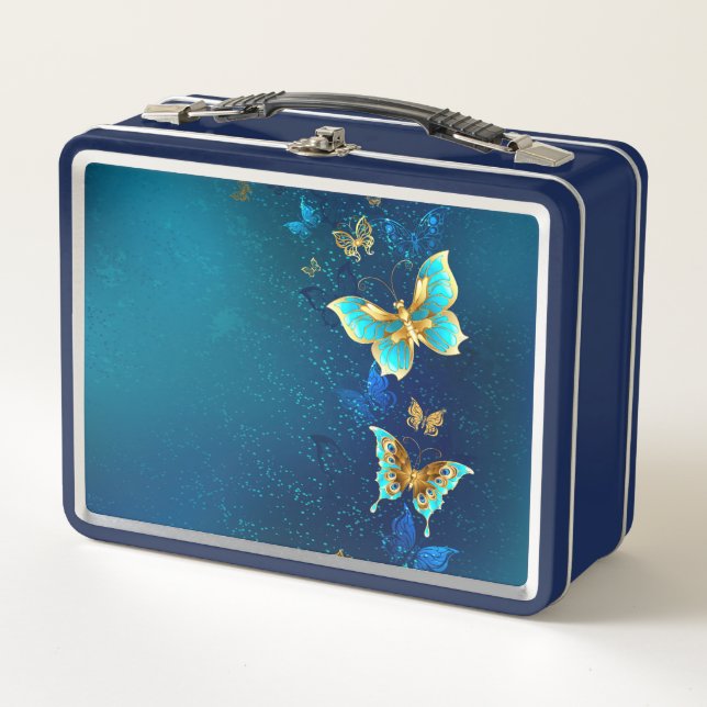 Lunch Box Papillons d'or sur un Arrière - plan bleu (Devant)