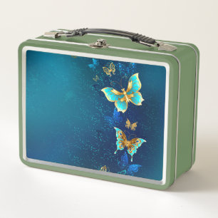 Lunch Box Papillons d'or sur un Arrière - plan bleu