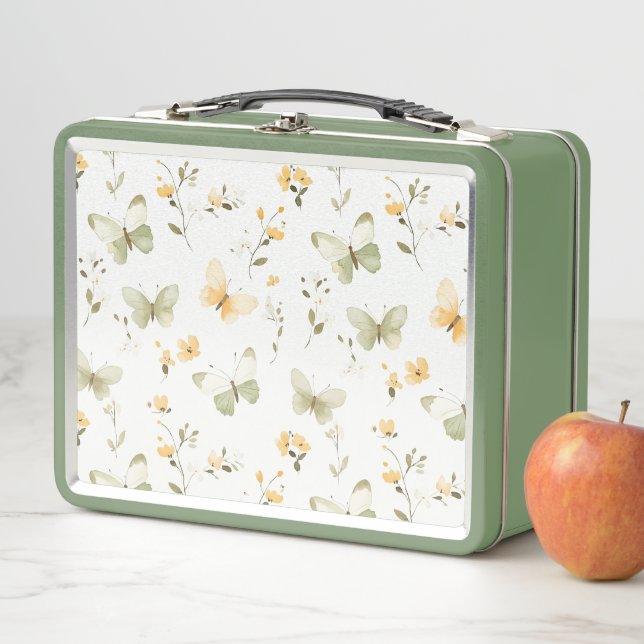 Lunch Box Papillons Fleurs Vert Jaune Blanc (En situation)