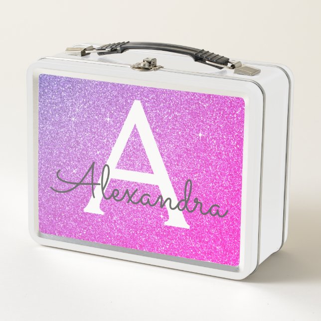 Lunch Box Parties scintillant rose et violet et monogramme é (Devant)