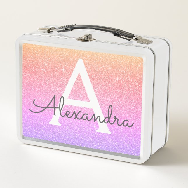 Lunch Box Parties scintillant rose et violet et monogramme é (Devant)