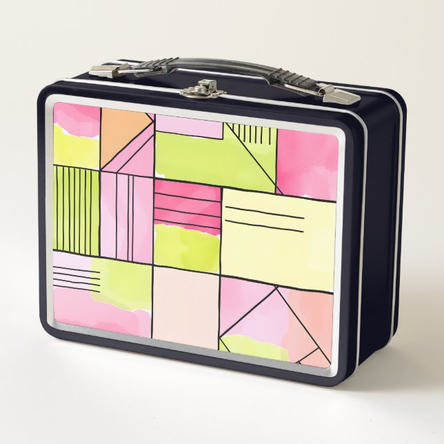 Lunch Box Patchwork Abstrait Rose et Vert Citron (Devant)